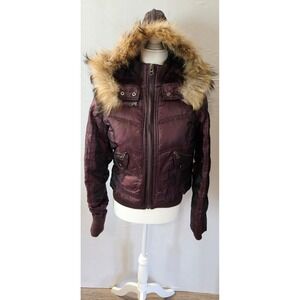 Da Luxe Girl Couture Burgundy Down Puffer Jacket Raccoon Fur Trim Hood Womens S